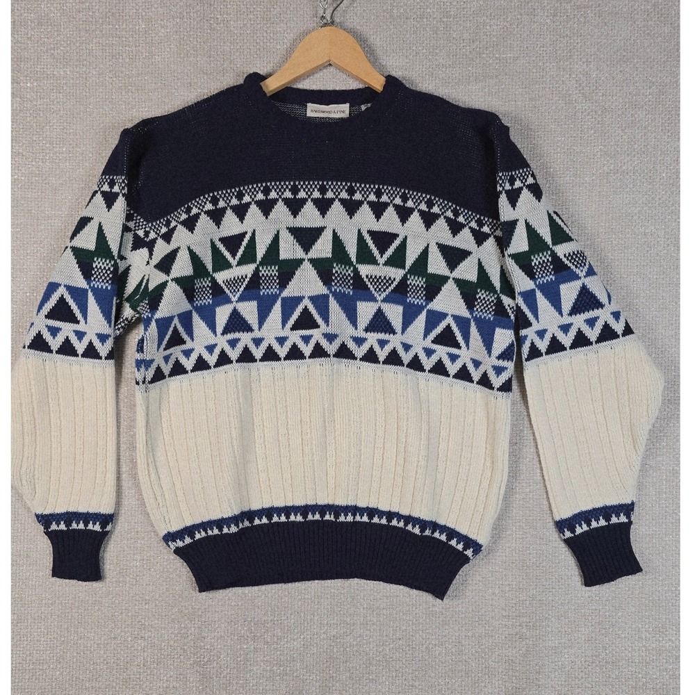 Vintage Hardwood & Pine Sweater Mens Large Geometric Aztec Knit Navy Blue Turkey